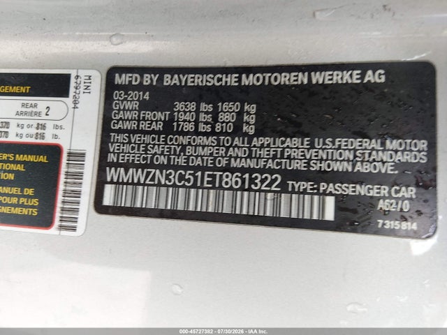 Продажа на аукционе авто 2014 Mini Convertible Cooper, vin: WMWZN3C51ET861322, номер лота: 45727382