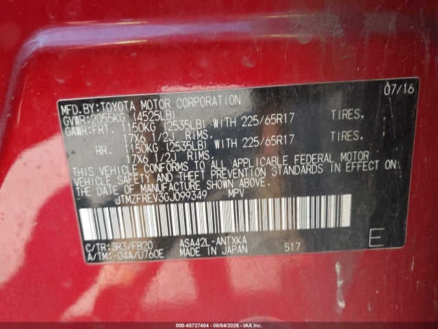 45727404 :رقم المزاد ، JTMZFREV3GJ099349 vin ، 2016 Toyota Rav4 Le مزاد بيع