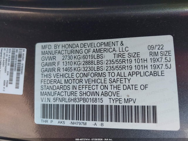 Продажа на аукционе авто 2023 Honda Odyssey Touring, vin: 5FNRL6H83PB016815, номер лота: 45727414