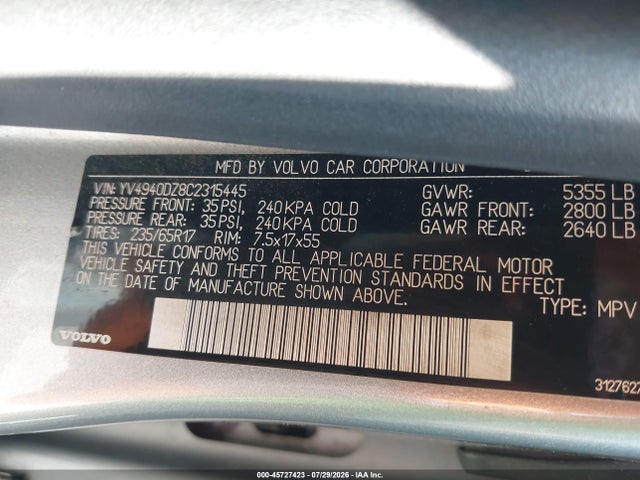 45727423 :رقم المزاد ، YV4940DZ8C2315445 vin ، 2012 Volvo Xc60 3.2/3.2 Platinum/3.2 Premier/3.2 Premier Plus مزاد بيع
