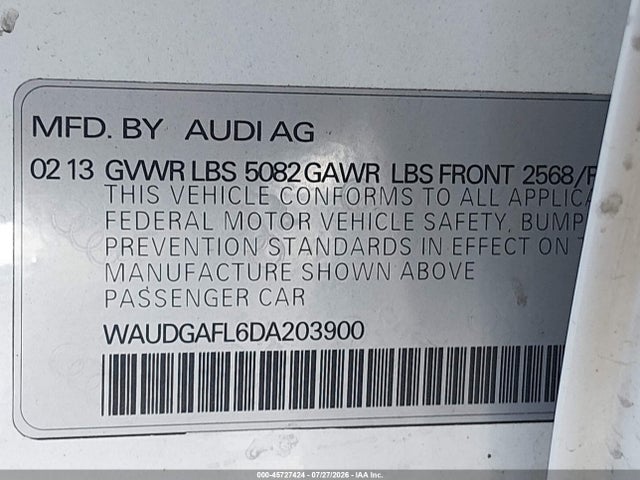 45727424 :رقم المزاد ، WAUDGAFL6DA203900 vin ، 2013 Audi S4 3.0t Premium Plus مزاد بيع