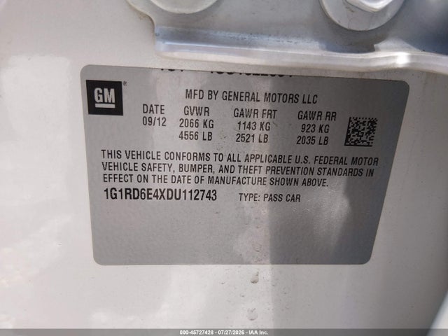 2013 Chevrolet Volt მანქანა იყიდება აუქციონზე, vin: 1G1RD6E4XDU112743, აუქციონის ნომერი: 45727428