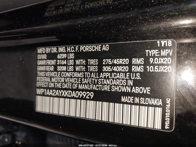 Aukcja sprzedaży 2019 Porsche Cayenne, vin: WP1AA2AYXKDA09929, numer aukcji: 45727452