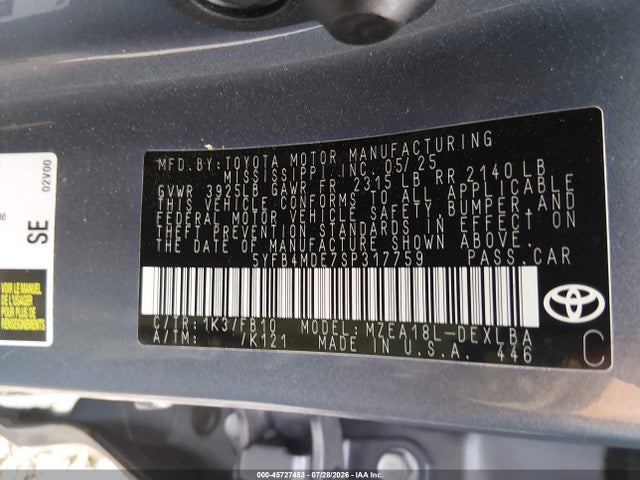 2025 Toyota Corolla Le მანქანა იყიდება აუქციონზე, vin: 5YFB4MDE7SP317759, აუქციონის ნომერი: 45727453