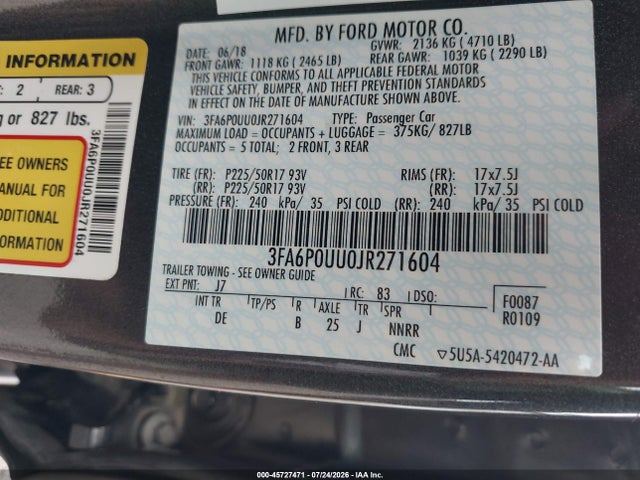 3FA6P0UU0JR271604 Ford Fusion Hybrid S