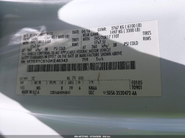 1FTEX1C81GKE46343 Ford F-150 Xl