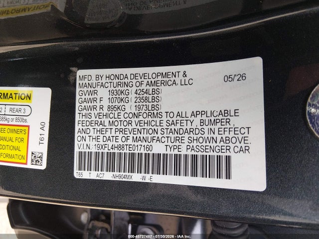 Aukcja sprzedaży 2026 Honda Civic Hybrid Sport, vin: 19XFL4H88TE017160, numer aukcji: 45727487