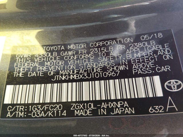 45727502 :رقم المزاد ، JTNKHMBX3J1010967 vin ، 2018 Toyota C-hr Xle مزاد بيع