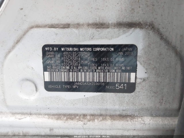 Продажа на аукционе авто 2019 Mitsubishi Outlander Sel, vin: JA4AD3A32KZ036106, номер лота: 45727515
