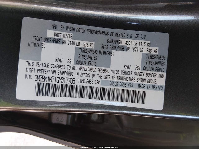 2016 Mazda Mazda3 I Touring მანქანა იყიდება აუქციონზე, vin: 3MZBM1M71GM317705, აუქციონის ნომერი: 45727521