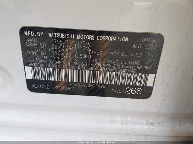 Aukcja sprzedaży 2017 Mitsubishi Outlander Es, vin: JA4AD2A30HZ049651, numer aukcji: 45727523