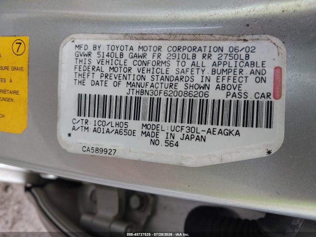 2002 Lexus Ls 430 მანქანა იყიდება აუქციონზე, vin: JTHBN30F620086206, აუქციონის ნომერი: 45727525