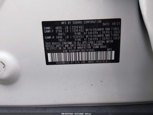2022 Subaru Outback Touring მანქანა იყიდება აუქციონზე, vin: 4S4BTAPC3N3143693, აუქციონის ნომერი: 45727540