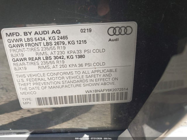 Aukcja sprzedaży 2019 Audi Q5 45 Premium, vin: WA1BNAFY6K2072514, numer aukcji: 45727558