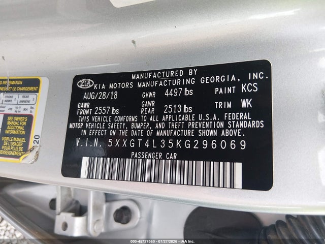 Aukcja sprzedaży 2019 Kia Optima Lx, vin: 5XXGT4L35KG296069, numer aukcji: 45727560