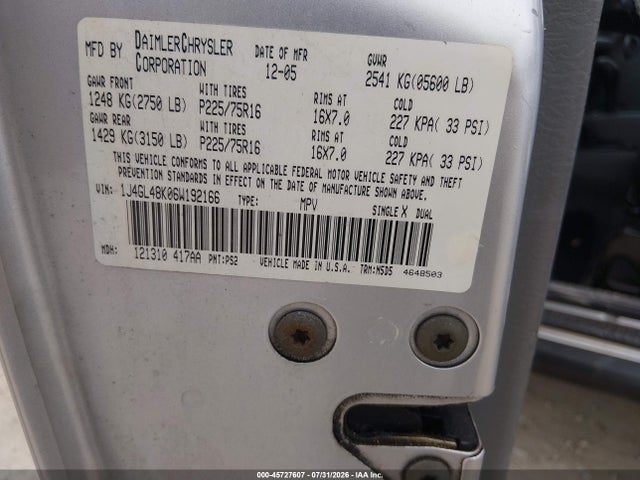 Aukcja sprzedaży 2006 Jeep Liberty Sport, vin: 1J4GL48K06W192166, numer aukcji: 45727607