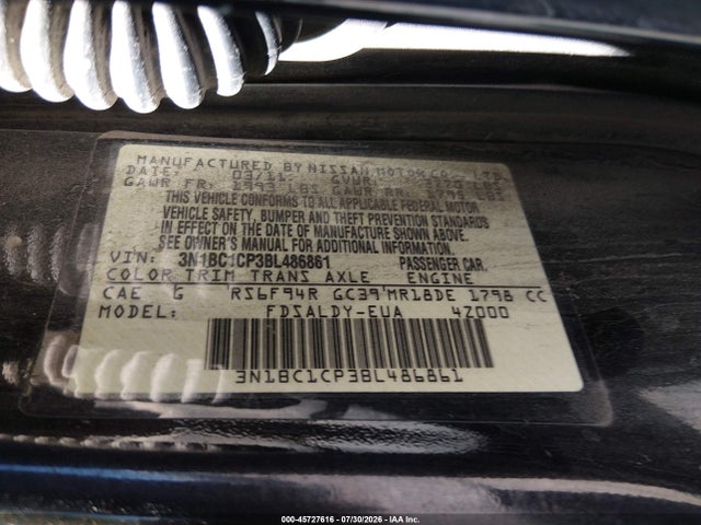 45727616 :رقم المزاد ، 3N1BC1CP3BL486861 vin ، 2011 Nissan Versa 1.8s مزاد بيع