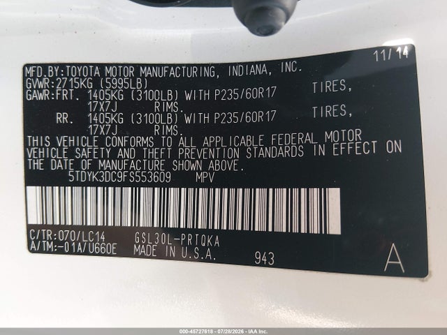 Aukcja sprzedaży 2015 Toyota Sienna Xle 8 Passenger, vin: 5TDYK3DC9FS553609, numer aukcji: 45727618
