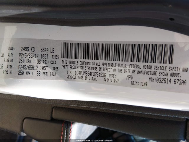 Продажа на аукционе авто 2015 Jeep Cherokee Trailhawk, vin: 1C4PJMBS4FW704936, номер лота: 45727624