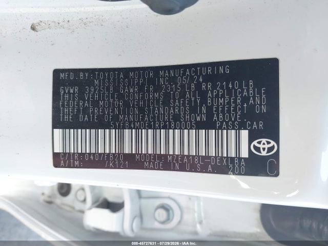 Продажа на аукционе авто 2024 Toyota Corolla Le, vin: 5YFB4MDE1RP180005, номер лота: 45727631
