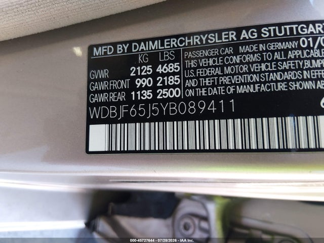 Aukcja sprzedaży 2000 Mercedes-benz E 320, vin: WDBJF65J5YB089411, numer aukcji: 45727644