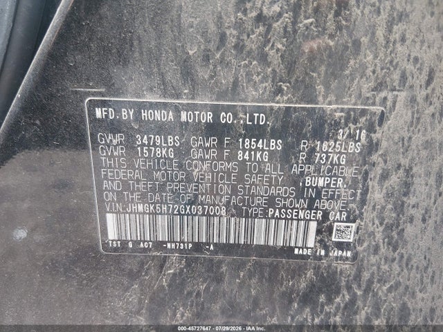 Продаж на аукціоні авто 2016 Honda Fit Ex, vin: JHMGK5H72GX037008, номер лоту: 45727647
