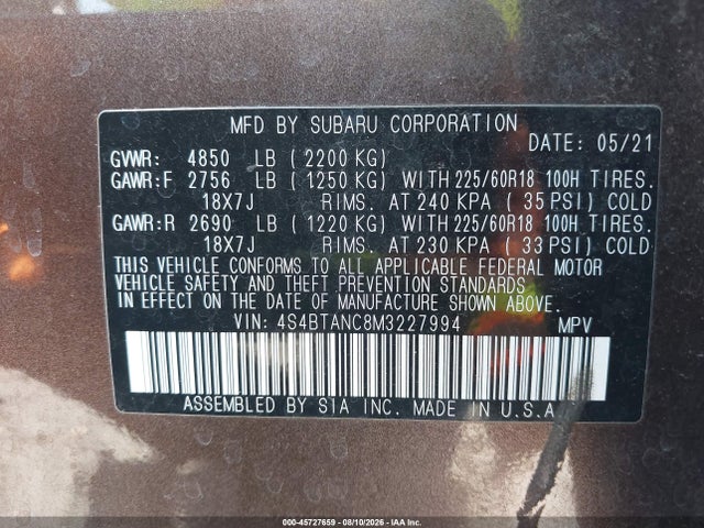 Продажа на аукционе авто 2021 Subaru Outback Limited, vin: 4S4BTANC8M3227994, номер лота: 45727659
