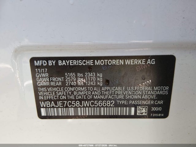 Aukcja sprzedaży 2018 Bmw 540i Xdrive, vin: WBAJE7C58JWC56682, numer aukcji: 45727666