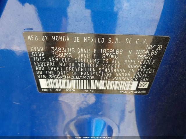 3HGGK5H43LM724796 Honda FIT LX