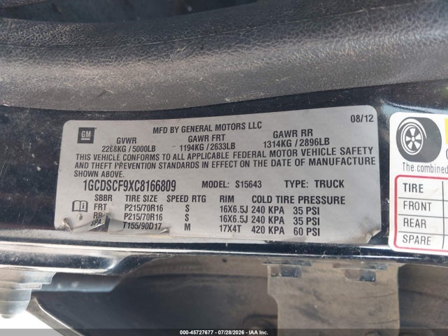 2012 Chevrolet Colorado Lt W/1lt მანქანა იყიდება აუქციონზე, vin: 1GCDSCF9XC8166809, აუქციონის ნომერი: 45727677
