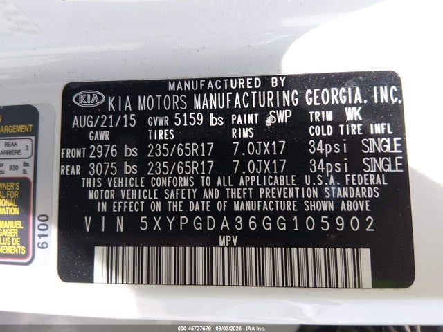 2016 Kia Sorento 2.4l Lx მანქანა იყიდება აუქციონზე, vin: 5XYPGDA36GG105902, აუქციონის ნომერი: 45727679