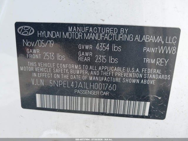 Auction sale of the 2020 Hyundai Sonata Sel, vin: 5NPEL4JA1LH001760, lot number: 45727694