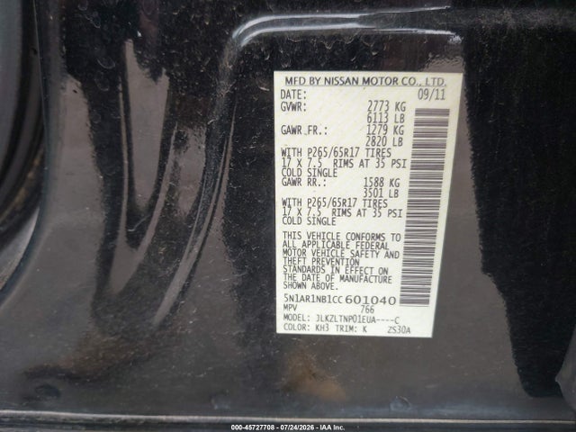 45727708 :رقم المزاد ، 5N1AR1NB1CC601040 vin ، 2012 Nissan Pathfinder Sv مزاد بيع