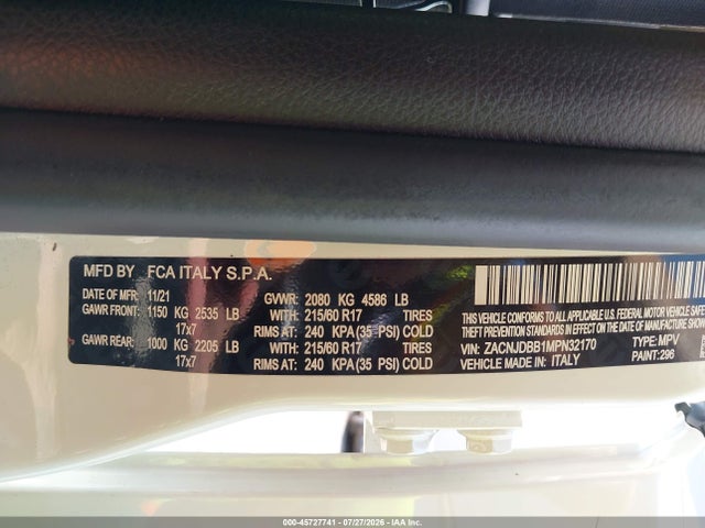 2021 Jeep Renegade Latitude 4x4 მანქანა იყიდება აუქციონზე, vin: ZACNJDBB1MPN32170, აუქციონის ნომერი: 45727741