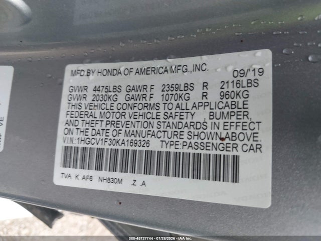 2019 Honda Accord Sport მანქანა იყიდება აუქციონზე, vin: 1HGCV1F30KA169326, აუქციონის ნომერი: 45727744