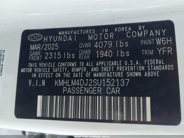 2025 Hyundai Elantra Hybrid Sel Sport მანქანა იყიდება აუქციონზე, vin: KMHLM4DJ2SU152137, აუქციონის ნომერი: 45727762