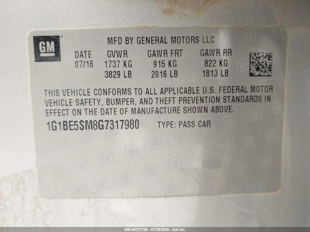 Aukcja sprzedaży 2016 Chevrolet Cruze Lt Auto, vin: 1G1BE5SM8G7317980, numer aukcji: 45727768