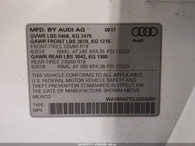 45727771 :رقم المزاد ، WA1BNAFYXJ2053060 vin ، 2018 Audi Q5 مزاد بيع