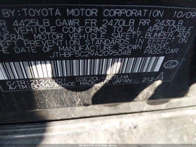 45727778 :رقم المزاد ، JTHBF5C29A2095048 vin ، 2010 Lexus Is 250 مزاد بيع