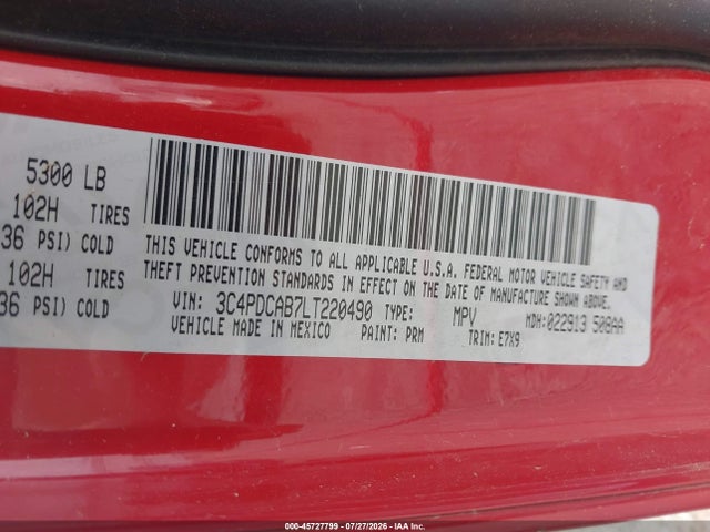 2020 Dodge Journey Se Value მანქანა იყიდება აუქციონზე, vin: 3C4PDCAB7LT220490, აუქციონის ნომერი: 45727799