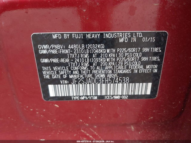 Aukcja sprzedaży 2015 Subaru Forester 2.5i Premium, vin: JF2SJADC3FH574538, numer aukcji: 45727814