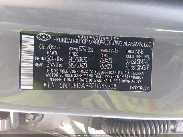 2023 Hyundai Santa Cruz Limited მანქანა იყიდება აუქციონზე, vin: 5NTJEDAF7PH046908, აუქციონის ნომერი: 45727816