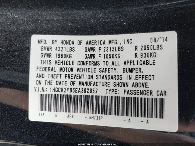 Aukcja sprzedaży 2014 Honda Accord Ex-l, vin: 1HGCR2F85EA302852, numer aukcji: 45727836