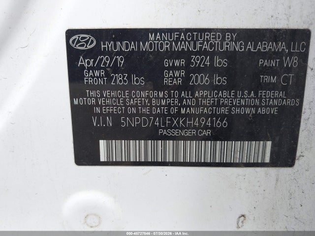 Продажа на аукционе авто 2019 Hyundai Elantra Se, vin: 5NPD74LFXKH494166, номер лота: 45727846