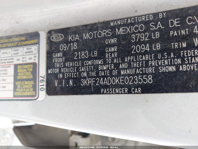 Aukcja sprzedaży 2019 Kia Forte Lxs, vin: 3KPF24AD0KE023558, numer aukcji: 45727860