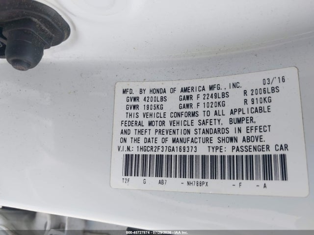 2016 Honda Accord Lx მანქანა იყიდება აუქციონზე, vin: 1HGCR2F37GA169373, აუქციონის ნომერი: 45727874