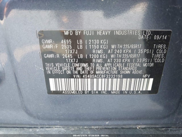 Продаж на аукціоні авто 2015 Subaru Outback 2.5i Premium, vin: 4S4BSACC8F3232198, номер лоту: 45727879