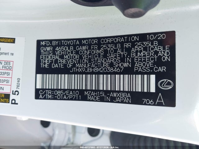Lexus UX 250H 2021 JTHX9JBH8M2038467 Image 9