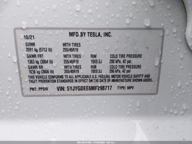 Продаж на аукціоні авто 2021 Tesla Model Y Long Range Dual Motor All-wheel Drive, vin: 5YJYGDEE6MF298717, номер лоту: 45727896