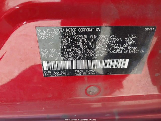 45727923 :رقم المزاد ، JTMZF4DV6B5041001 vin ، 2011 Toyota Rav4 مزاد بيع